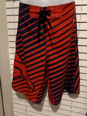 Bronco's Team Apparel Men's Navy and Orange Striped Swim Trunks Size 34